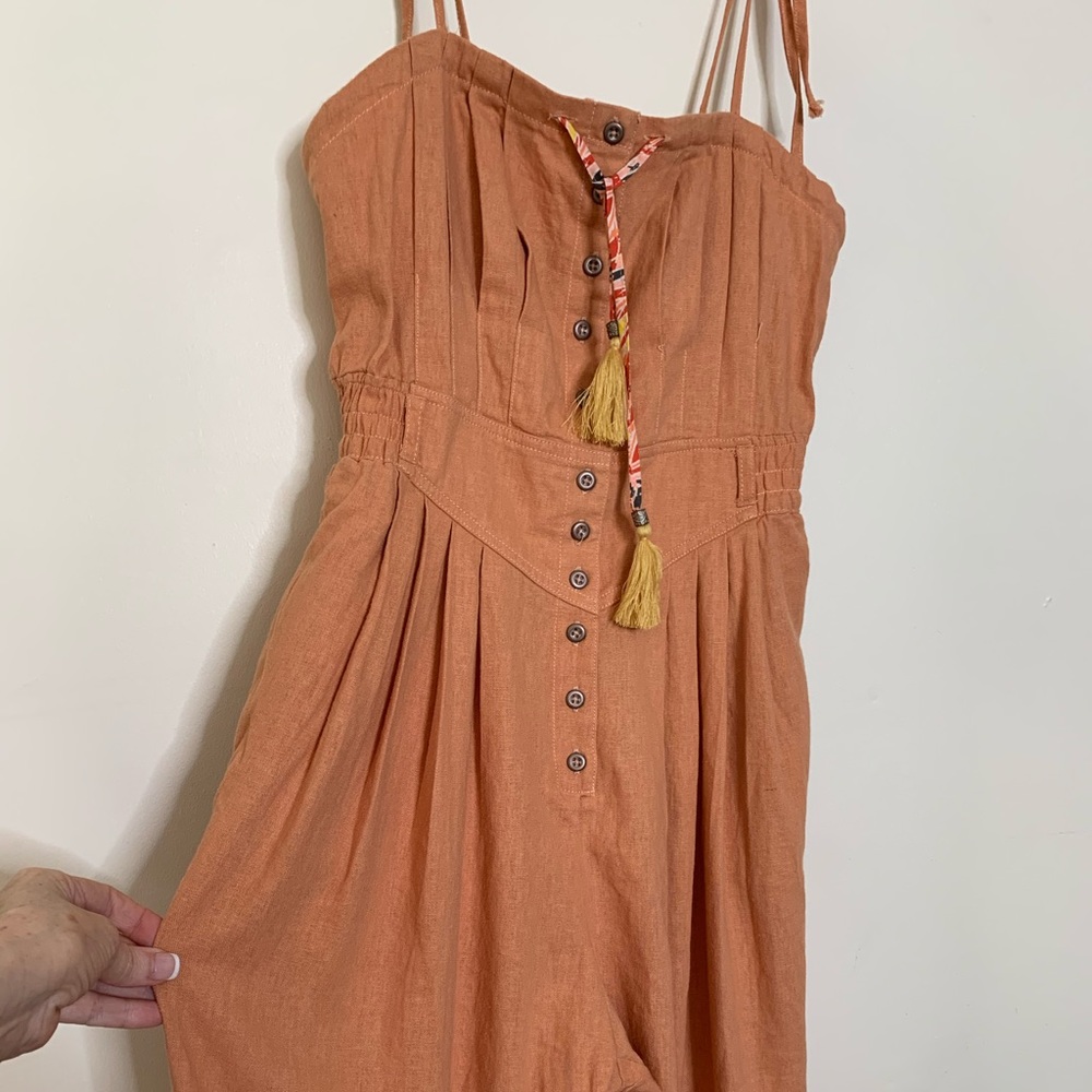Free People Anthropologie Boho Linen Strappy Pintucked Jumpsuit